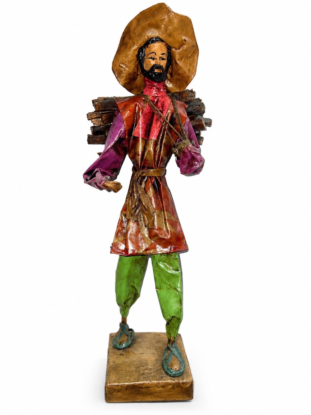 Mexican Paper Mache Folk Art Wood Carrier Figurine in Multicolor